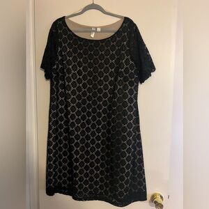 Tacera Black With Taupe Underlined Knee Length Lace Short Sleeve Dress